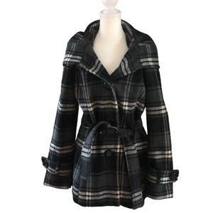 APT 9 Women’s Pea Coat Hooded With Tie Belt Button Down Front Grey Black Plaid S